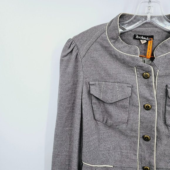 Anthropologie Taikonhu High Line Jacket Peplum Crop Blazer 4 Grey Button Front - Picture 3 of 14